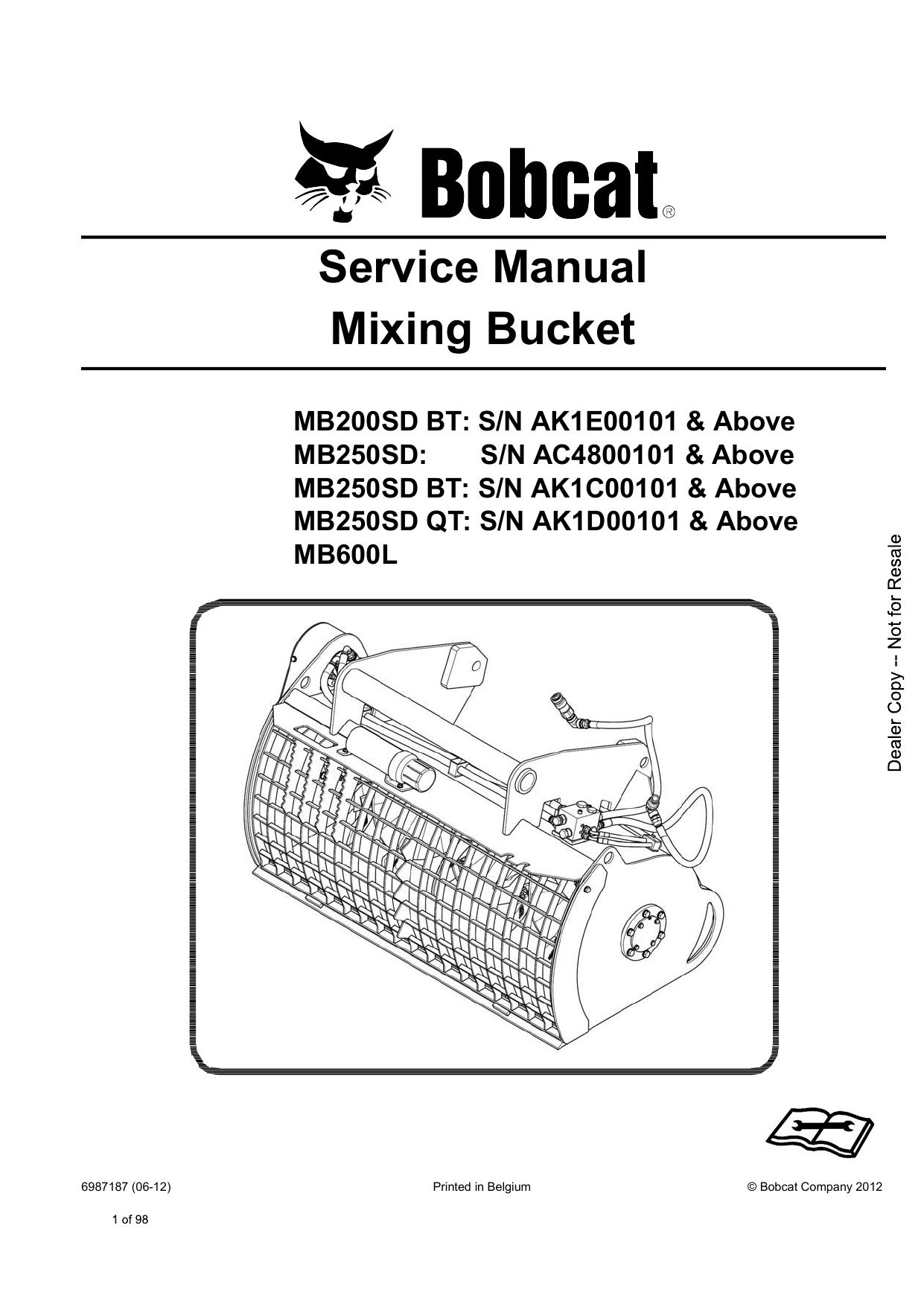 MB200SD MB250SD MB600L Mixing Bucket Service Manual Bobcat